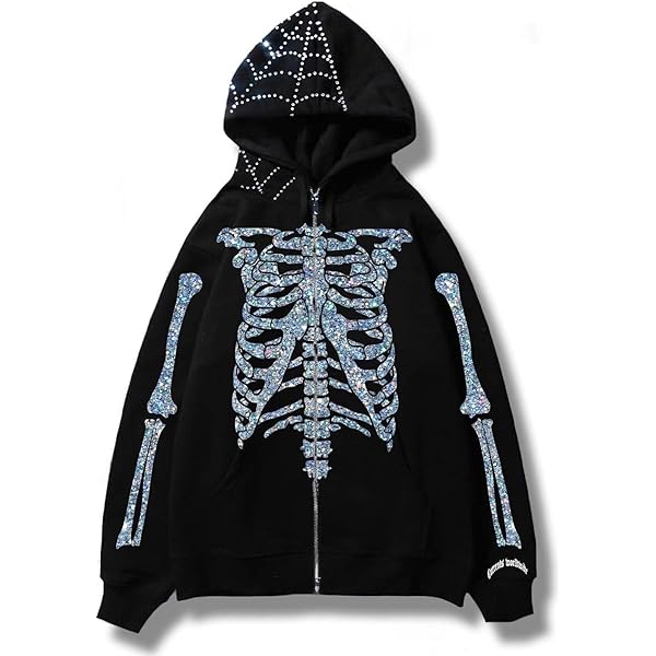 CORIRESHA Women's Vintage Spider Web Rhinestones Zip Hoodie